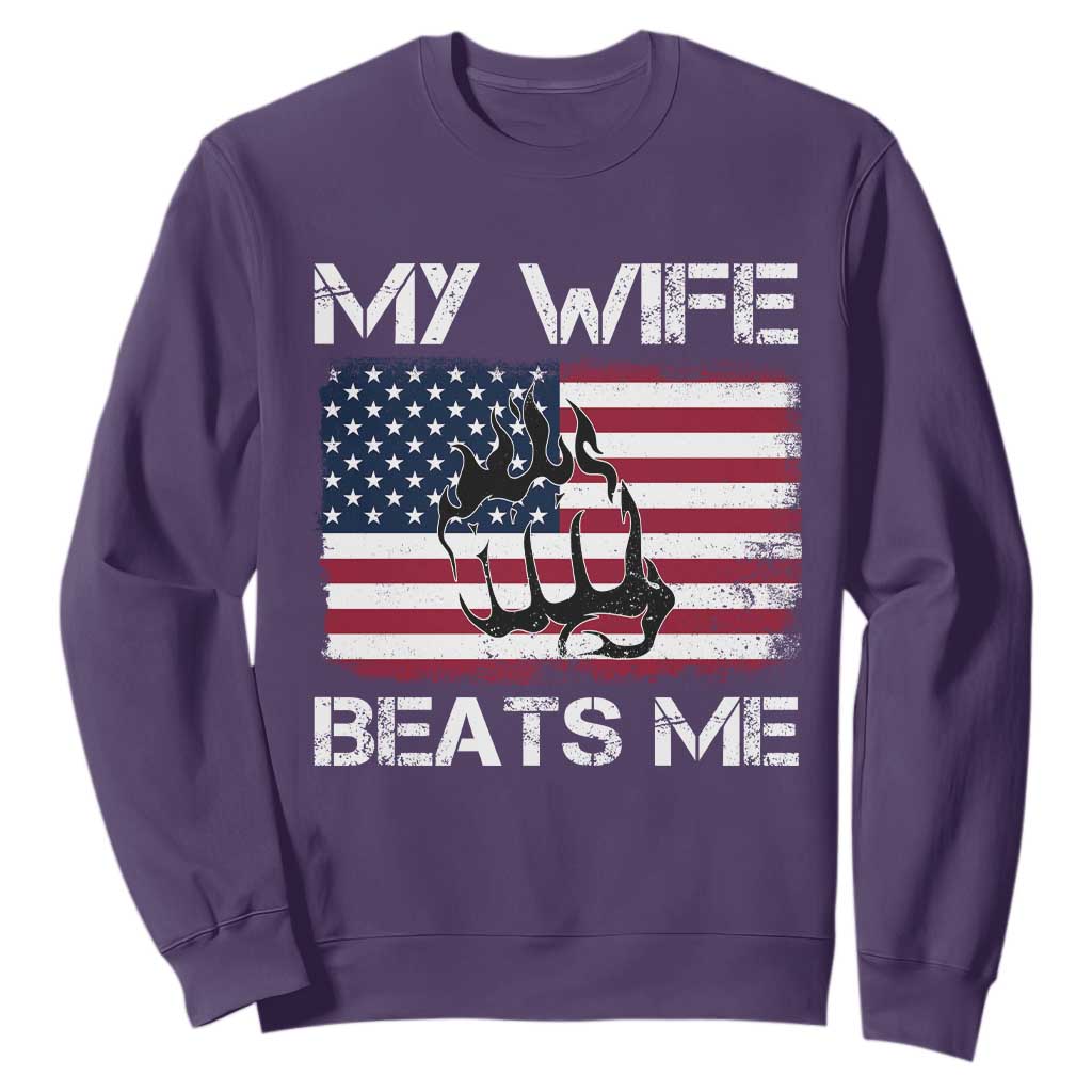 Funny Husband Sarcastic Sweatshirt American Flag My Wife Beats Me TS14 Purple Print Your Wear