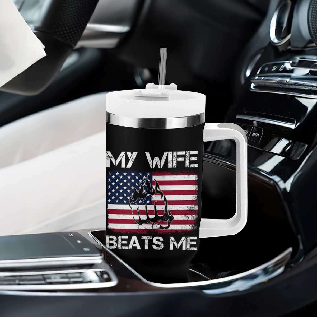 Funny Husband Sarcastic Tumbler With Handle American Flag My Wife Beats Me TS14 Print Your Wear