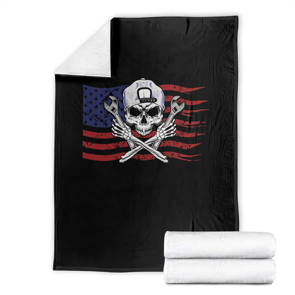 Skeleton Mechanic Throw Blanket American Flag Patriotic Car Repair TS14 Black Print Your Wear