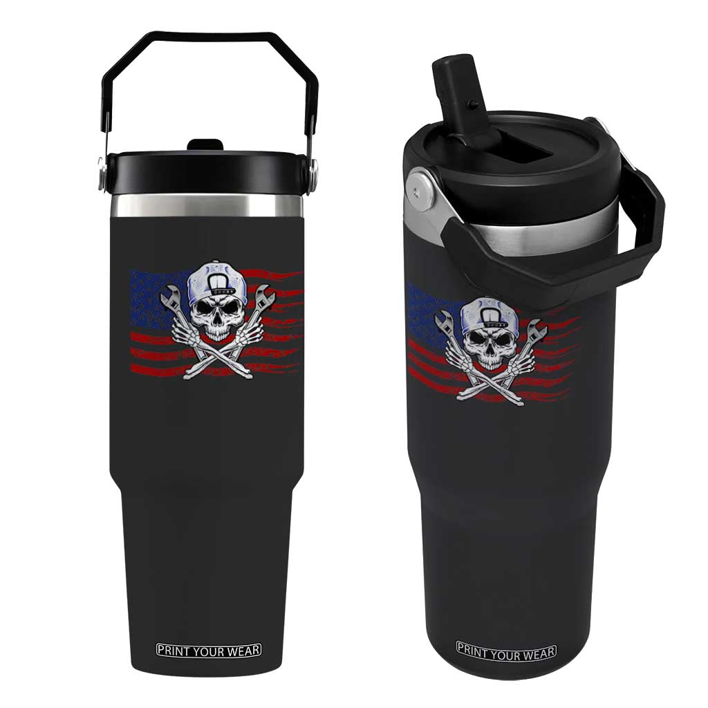 Skeleton Mechanic Flip Straw Tumbler American Flag Patriotic Car Repair TS14 One Size: 30 oz Black Print Your Wear