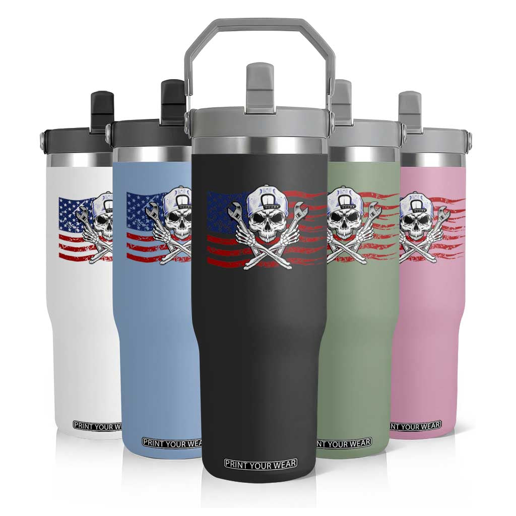 Skeleton Mechanic Flip Straw Tumbler American Flag Patriotic Car Repair TS14 Print Your Wear