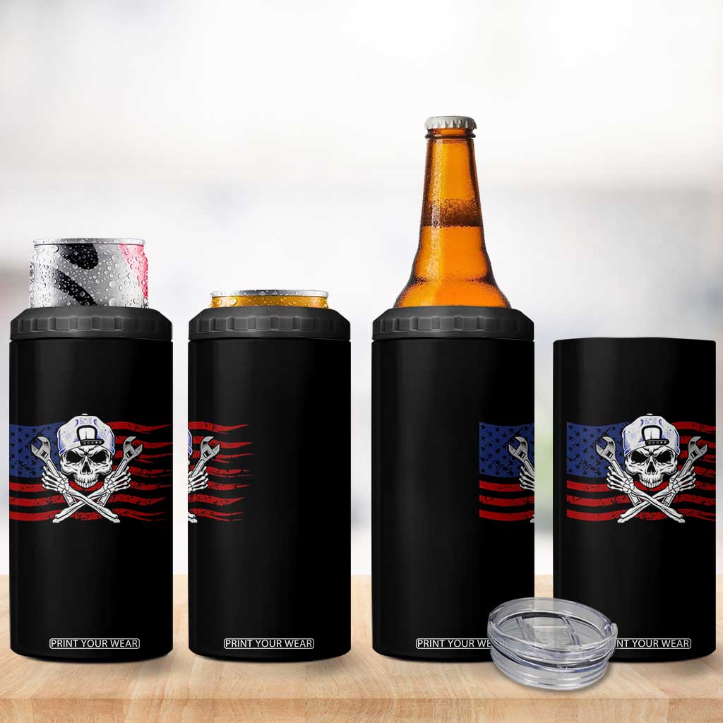 Skeleton Mechanic 4 in 1 Can Cooler Tumbler American Flag Patriotic Car Repair TS14 Print Your Wear