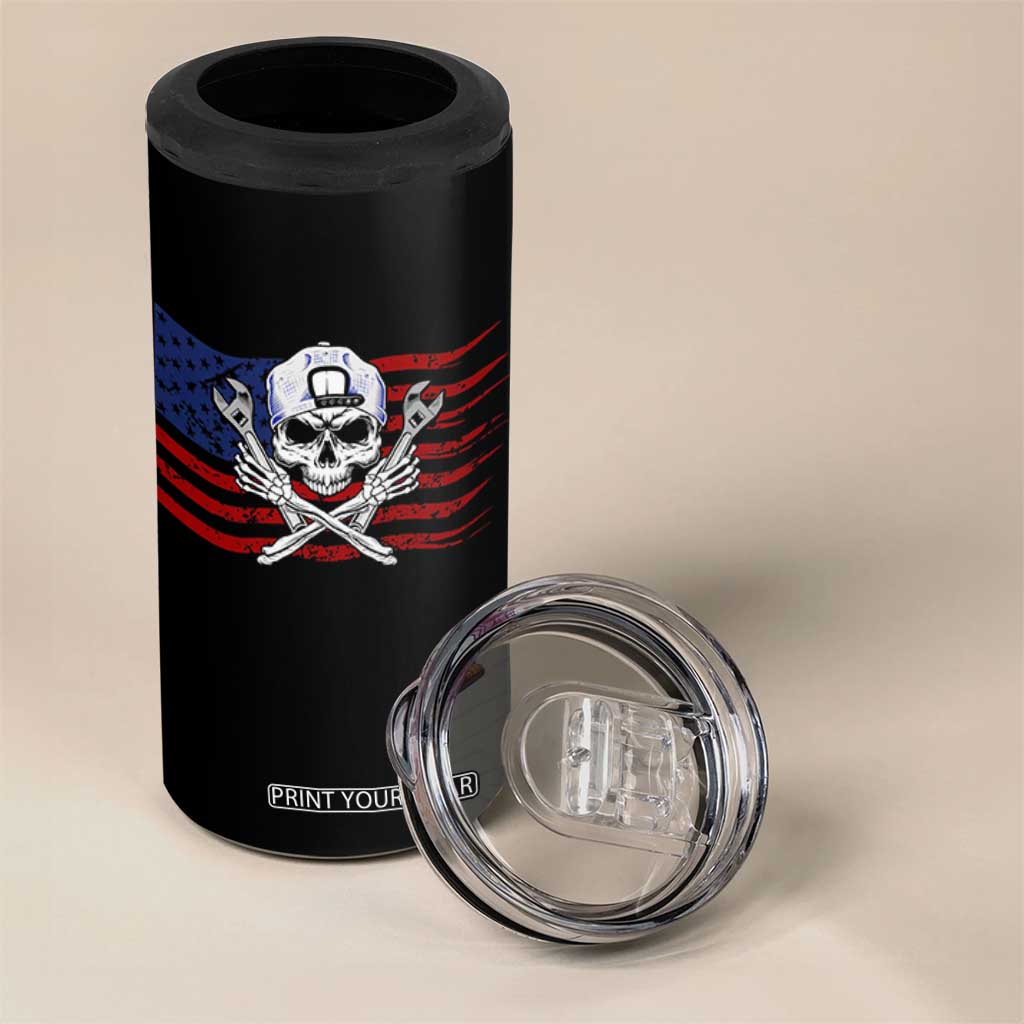 Skeleton Mechanic 4 in 1 Can Cooler Tumbler American Flag Patriotic Car Repair TS14 Print Your Wear