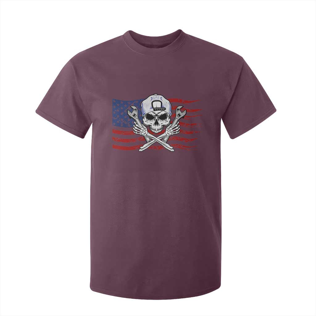 Skeleton Mechanic T Shirt For Kid American Flag Patriotic Car Repair TS14 Maroon Print Your Wear