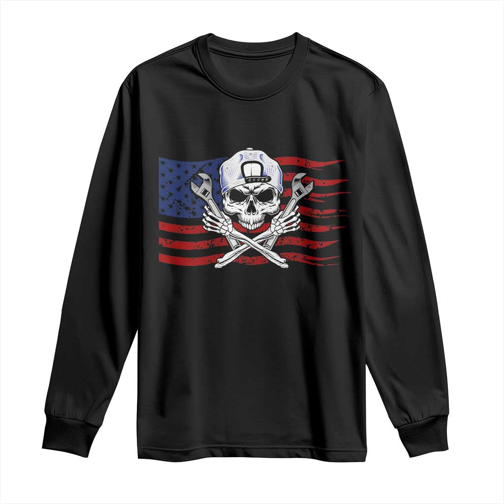 Skeleton Mechanic Long Sleeve Shirt American Flag Patriotic Car Repair TS14 Black Print Your Wear