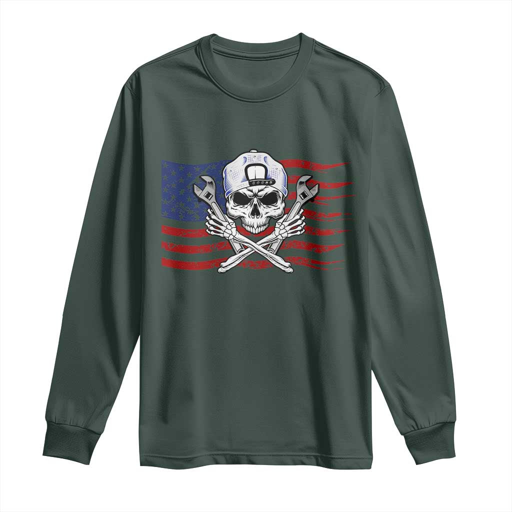 Skeleton Mechanic Long Sleeve Shirt American Flag Patriotic Car Repair TS14 Dark Forest Green Print Your Wear