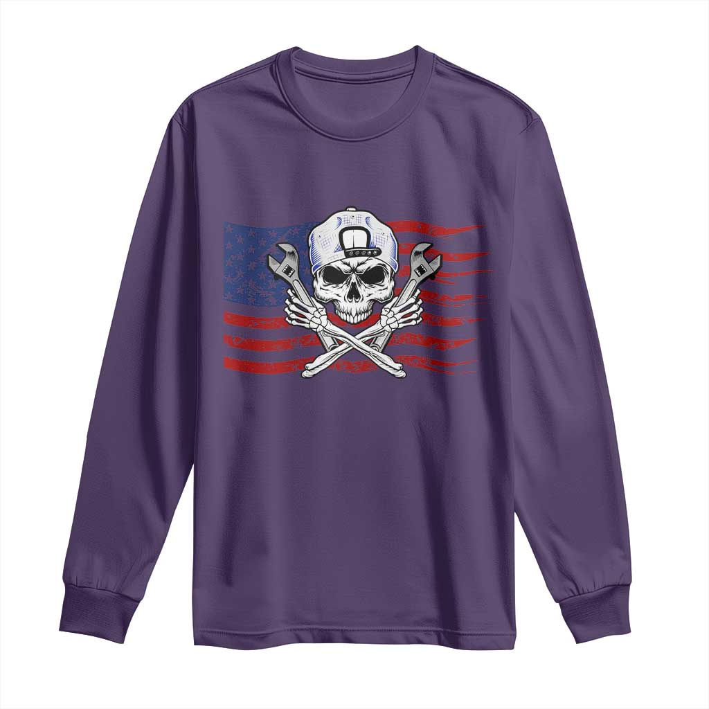 Skeleton Mechanic Long Sleeve Shirt American Flag Patriotic Car Repair TS14 Purple Print Your Wear