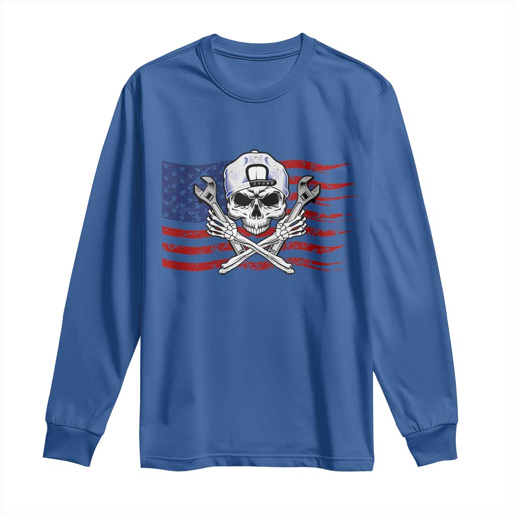 Skeleton Mechanic Long Sleeve Shirt American Flag Patriotic Car Repair TS14 Royal Blue Print Your Wear