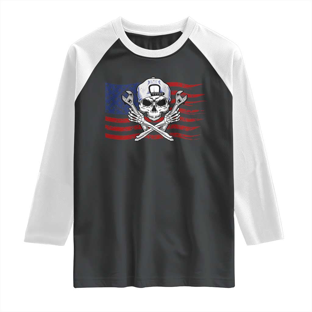 Skeleton Mechanic Raglan Shirt American Flag Patriotic Car Repair TS14 Black White Print Your Wear