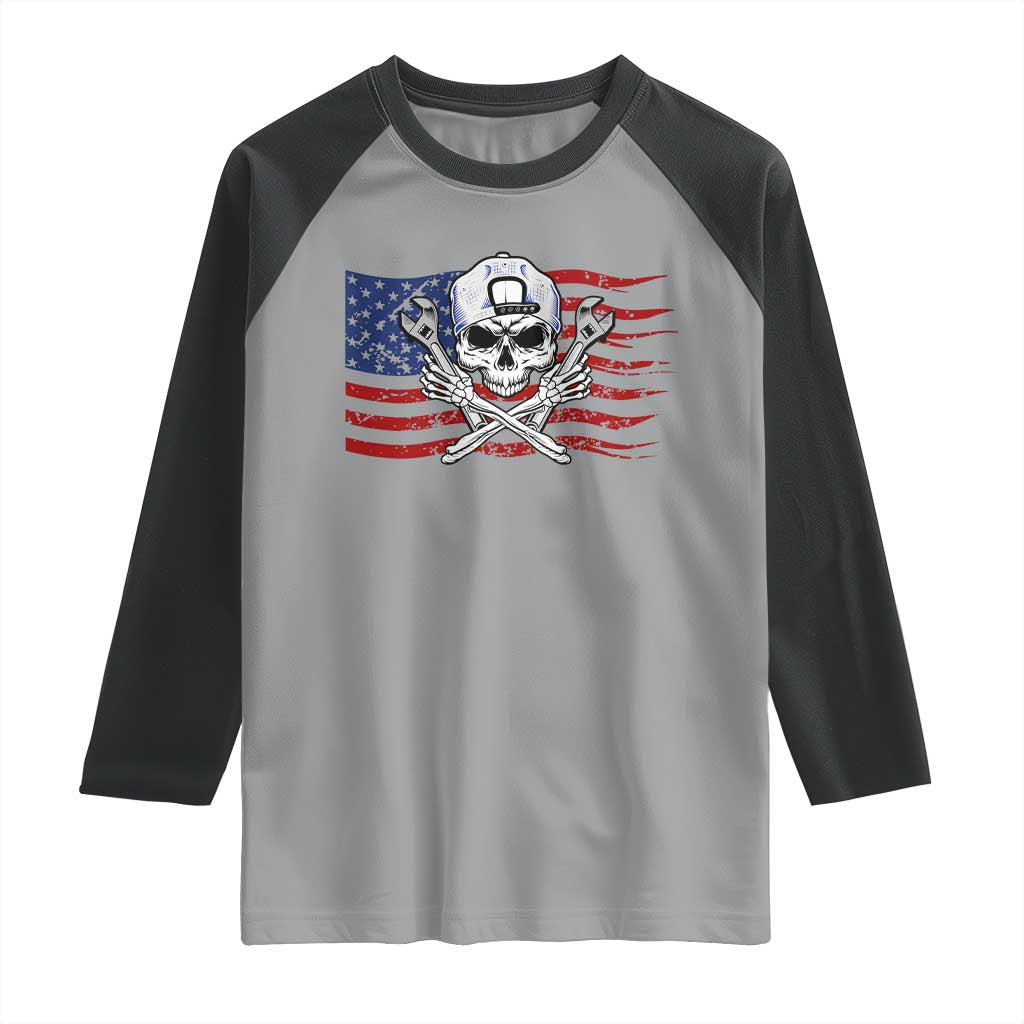 Skeleton Mechanic Raglan Shirt American Flag Patriotic Car Repair TS14 Sport Gray Black Print Your Wear