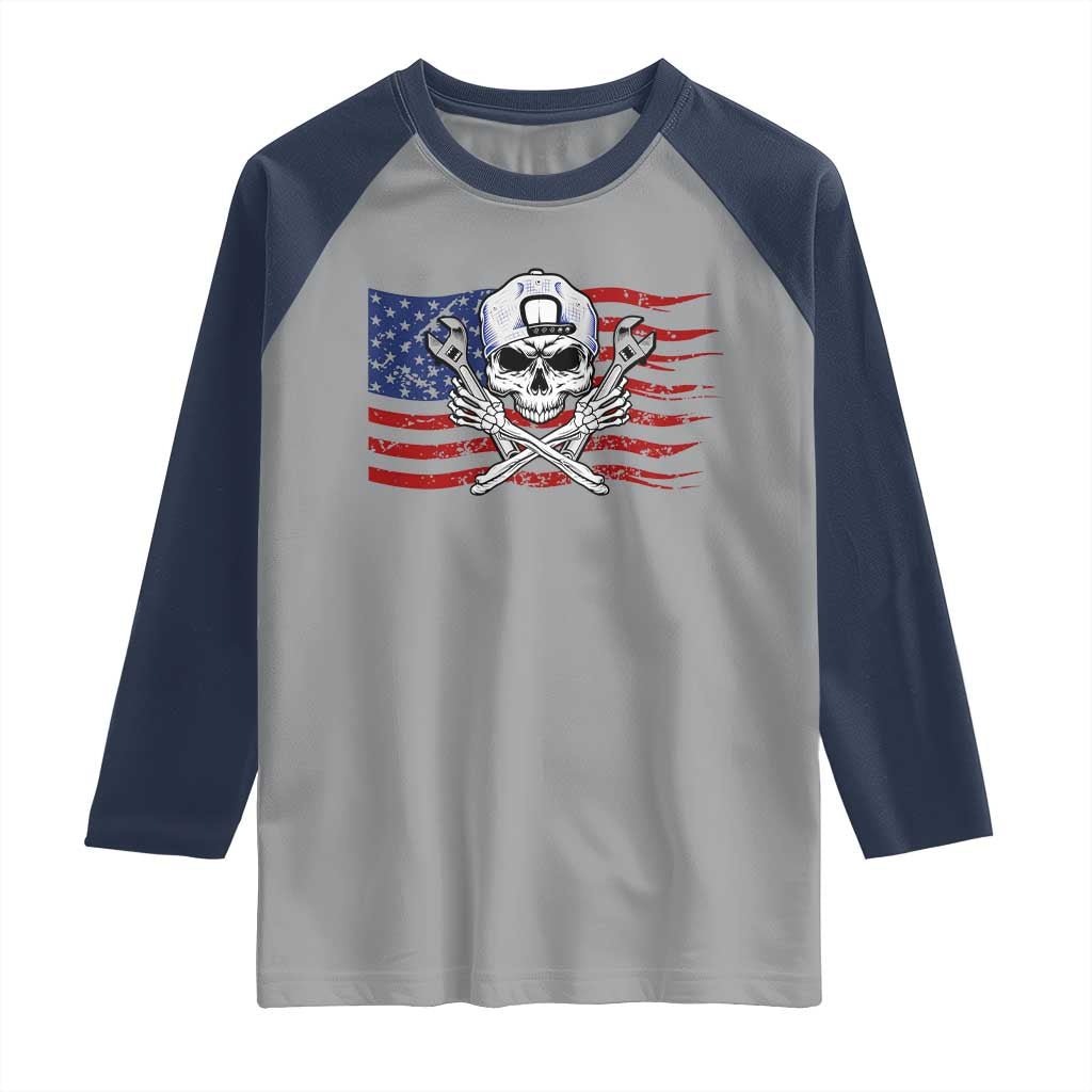 Skeleton Mechanic Raglan Shirt American Flag Patriotic Car Repair TS14 Sport Gray Navy Print Your Wear