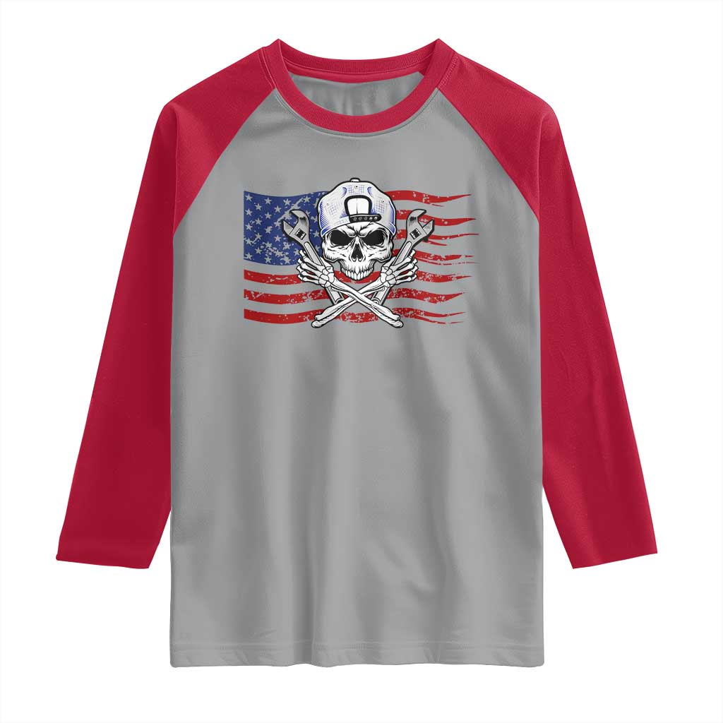 Skeleton Mechanic Raglan Shirt American Flag Patriotic Car Repair TS14 Sport Gray Red Print Your Wear