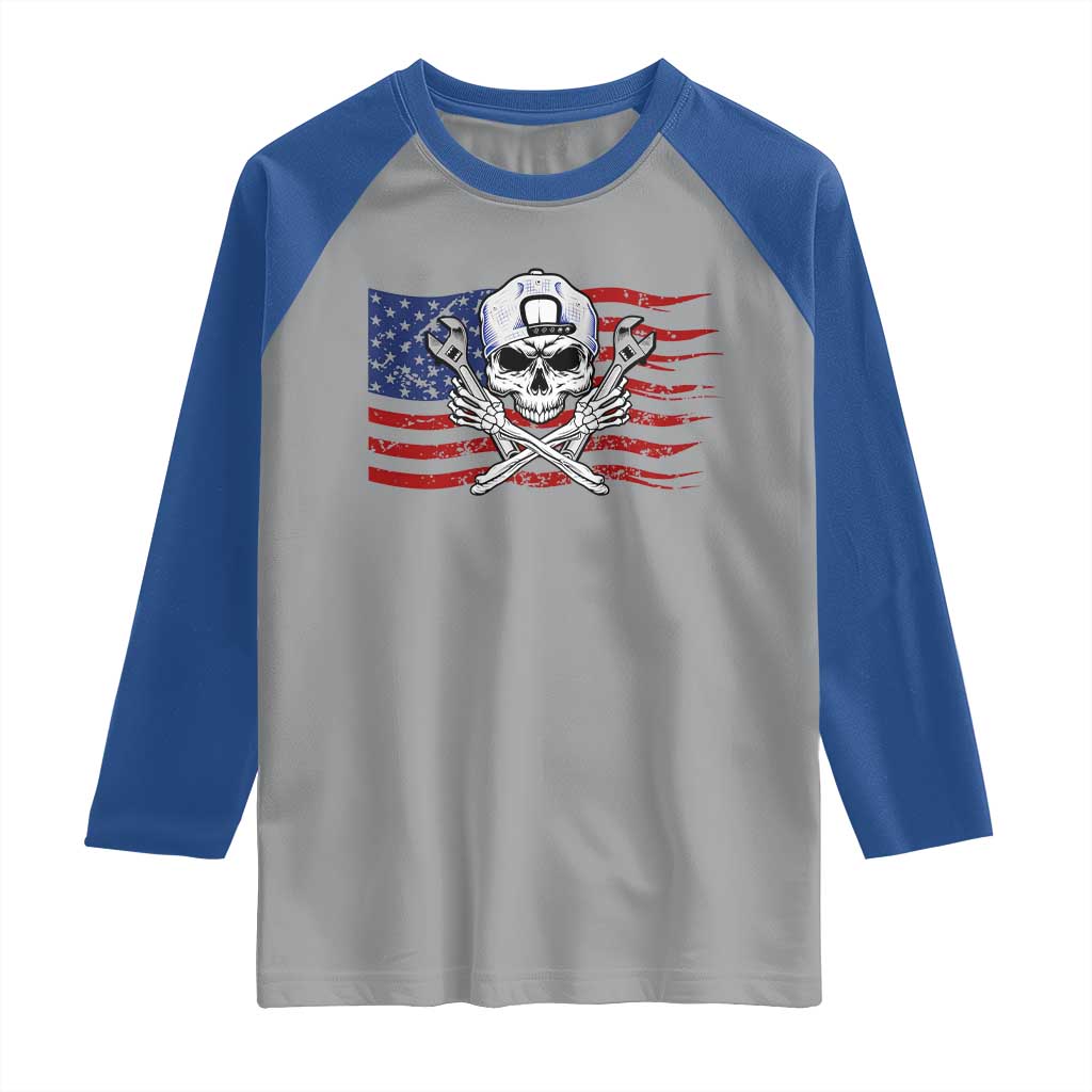 Skeleton Mechanic Raglan Shirt American Flag Patriotic Car Repair TS14 Sport Gray Royal Print Your Wear