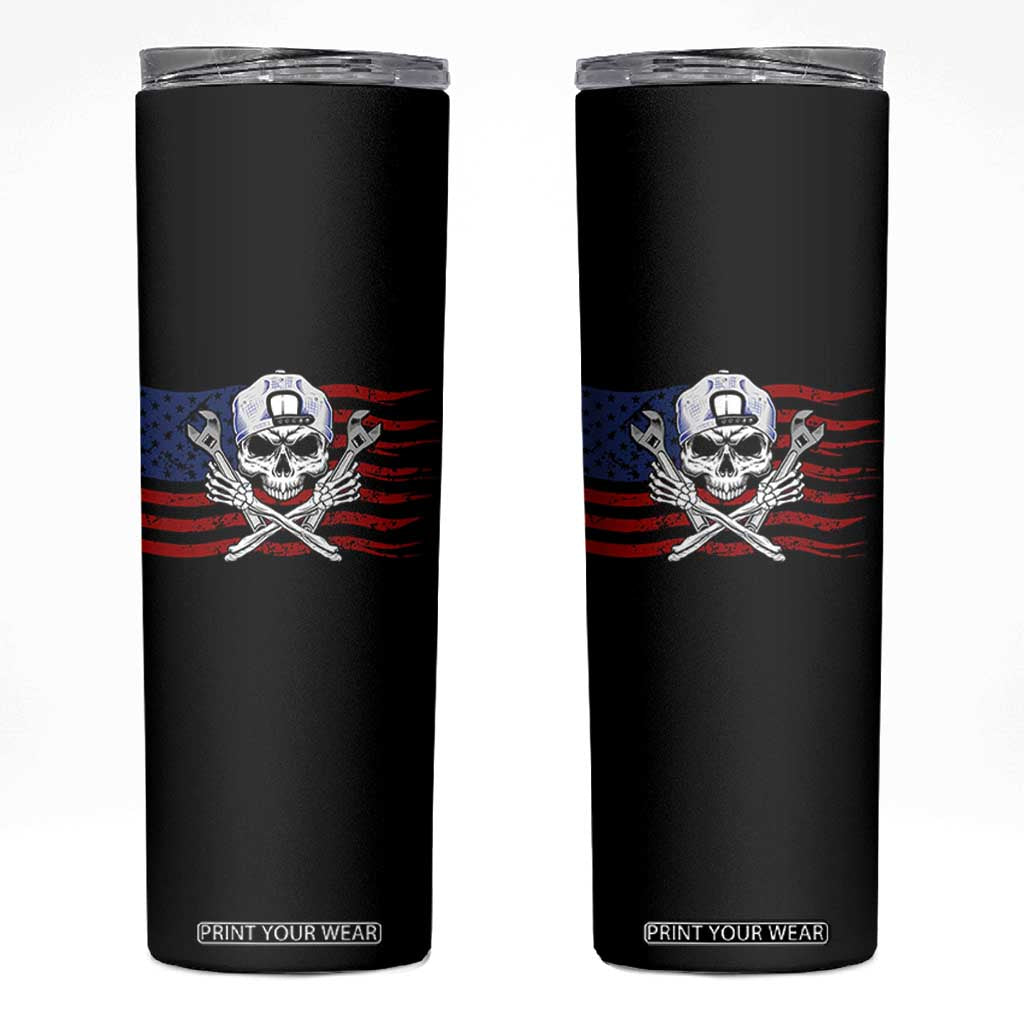 Skeleton Mechanic Skinny Tumbler American Flag Patriotic Car Repair TS14 Black Print Your Wear
