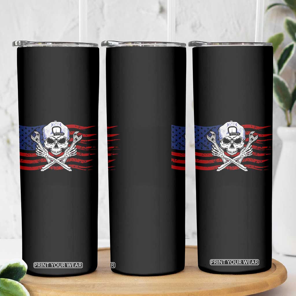 Skeleton Mechanic Skinny Tumbler American Flag Patriotic Car Repair TS14 Print Your Wear