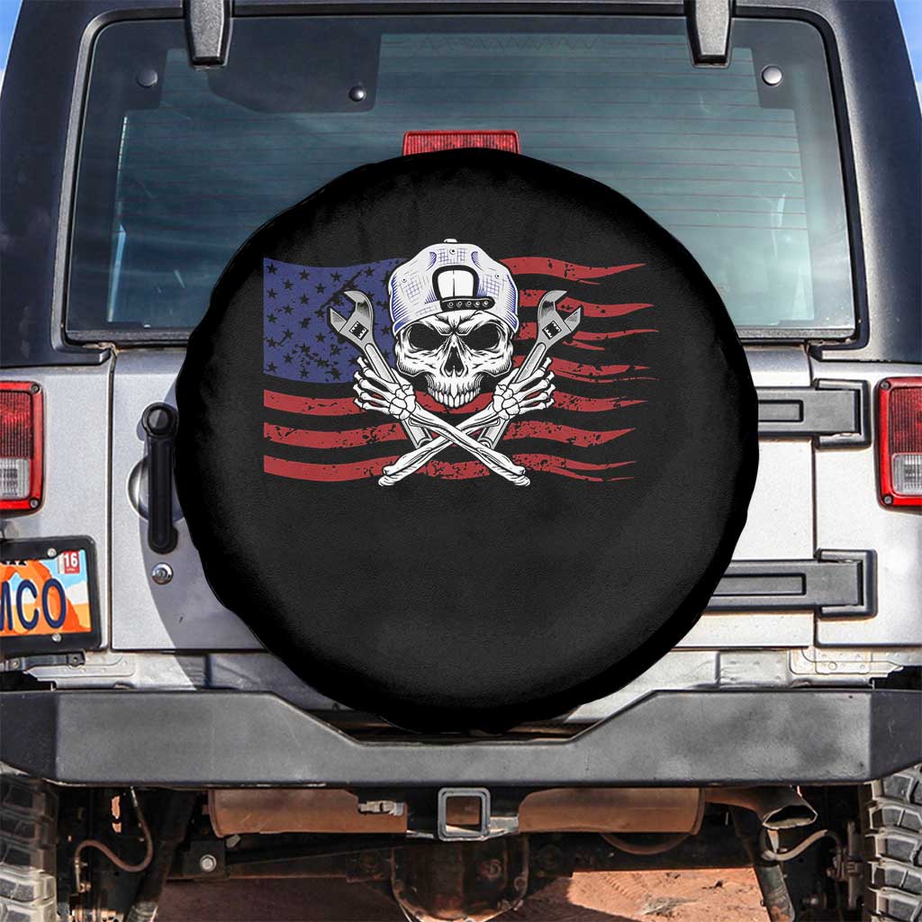 Skeleton Mechanic Spare Tire Cover American Flag Patriotic Car Repair TS14 No hole Black Print Your Wear