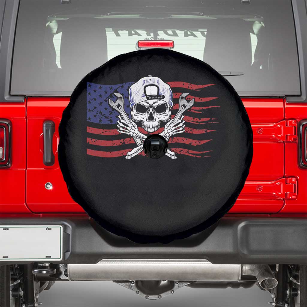 Skeleton Mechanic Spare Tire Cover American Flag Patriotic Car Repair TS14 Black Print Your Wear