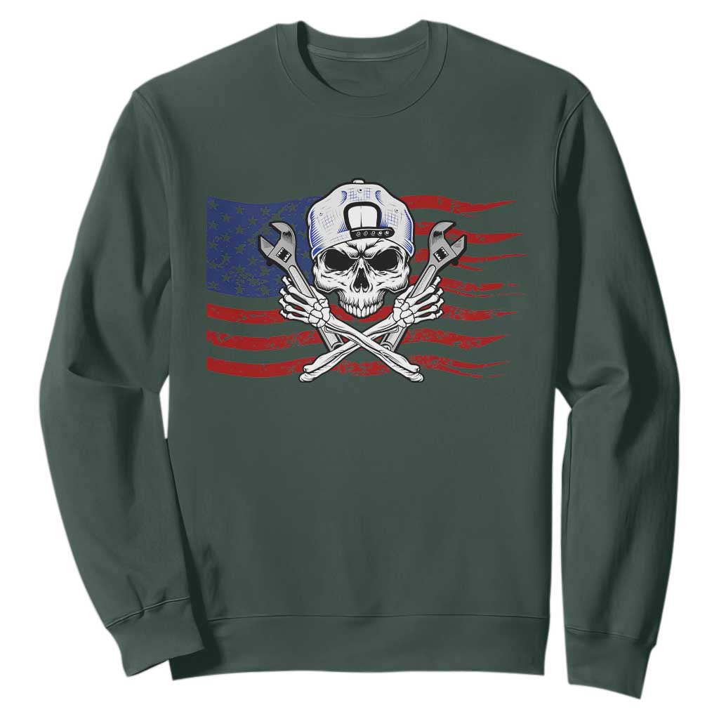 Skeleton Mechanic Sweatshirt American Flag Patriotic Car Repair TS14 Dark Forest Green Print Your Wear