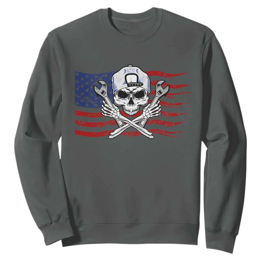 Skeleton Mechanic Sweatshirt American Flag Patriotic Car Repair TS14 Dark Heather Print Your Wear