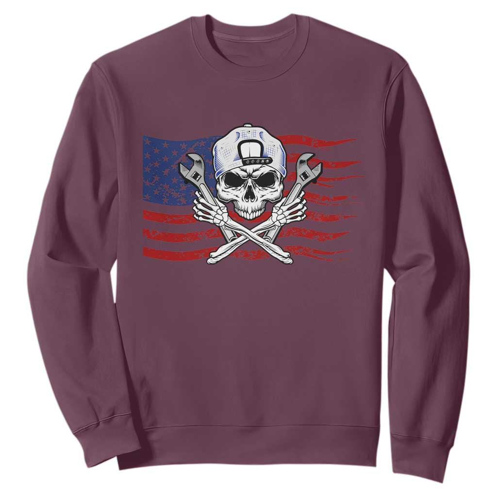 Skeleton Mechanic Sweatshirt American Flag Patriotic Car Repair TS14 Maroon Print Your Wear