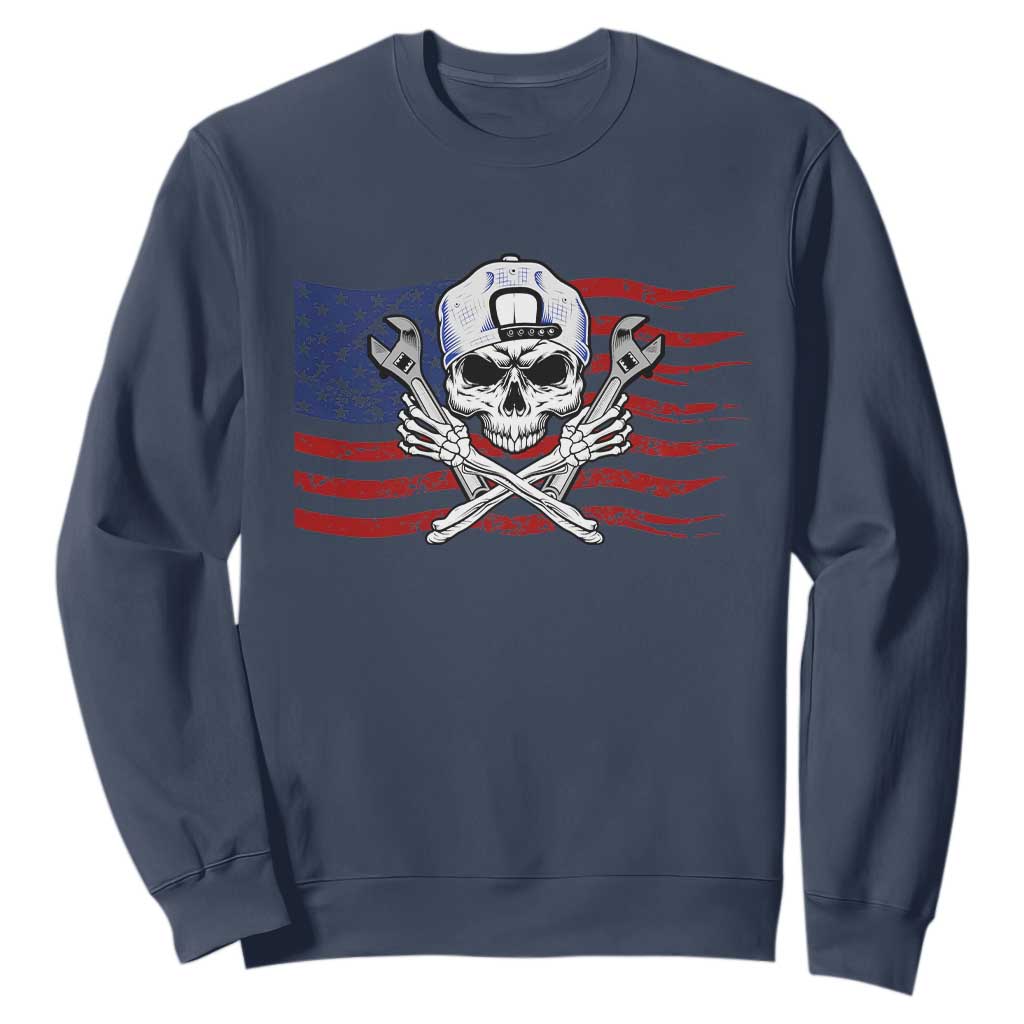 Skeleton Mechanic Sweatshirt American Flag Patriotic Car Repair TS14 Navy Print Your Wear