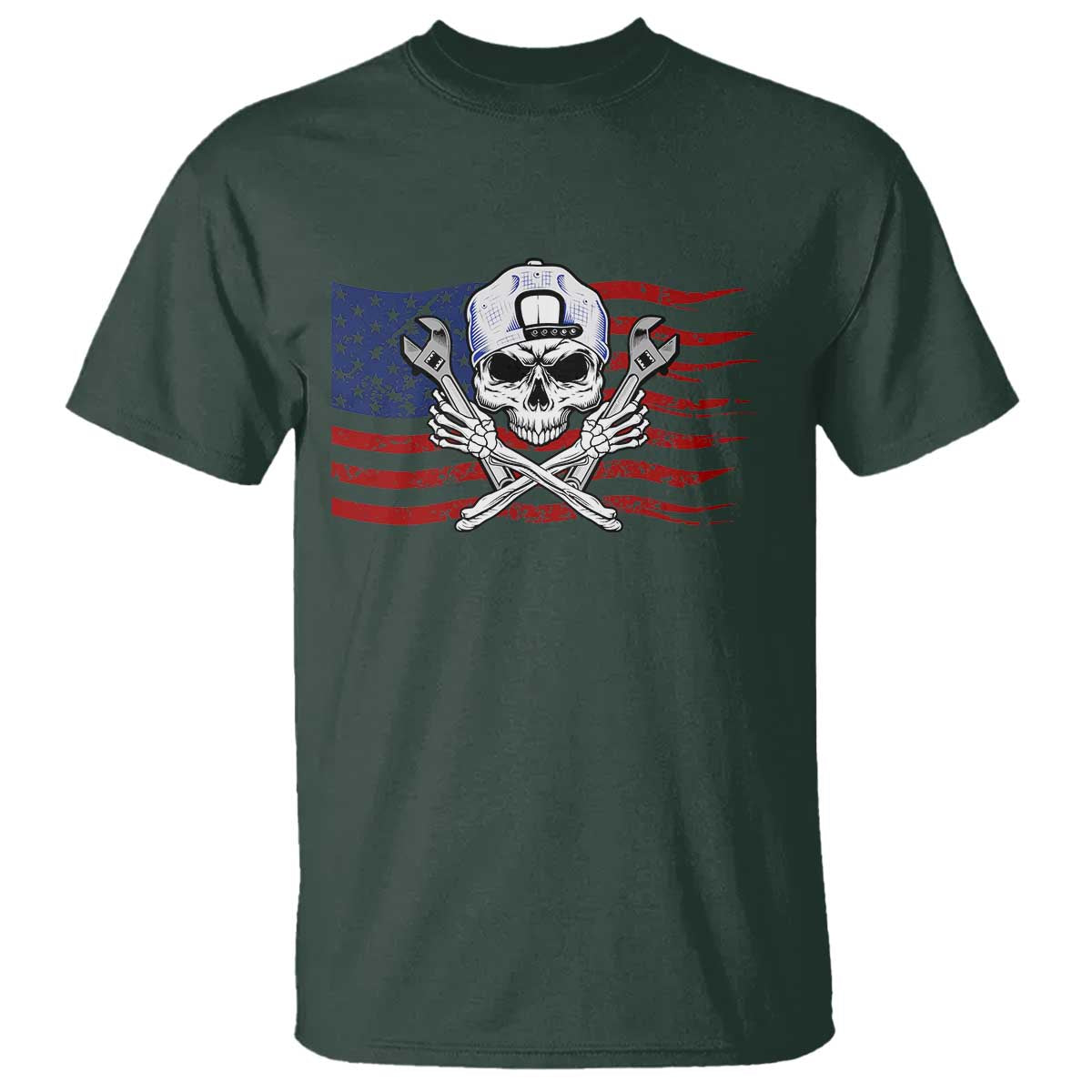 Skeleton Mechanic T Shirt American Flag Patriotic Car Repair TS14 Dark Forest Green Print Your Wear
