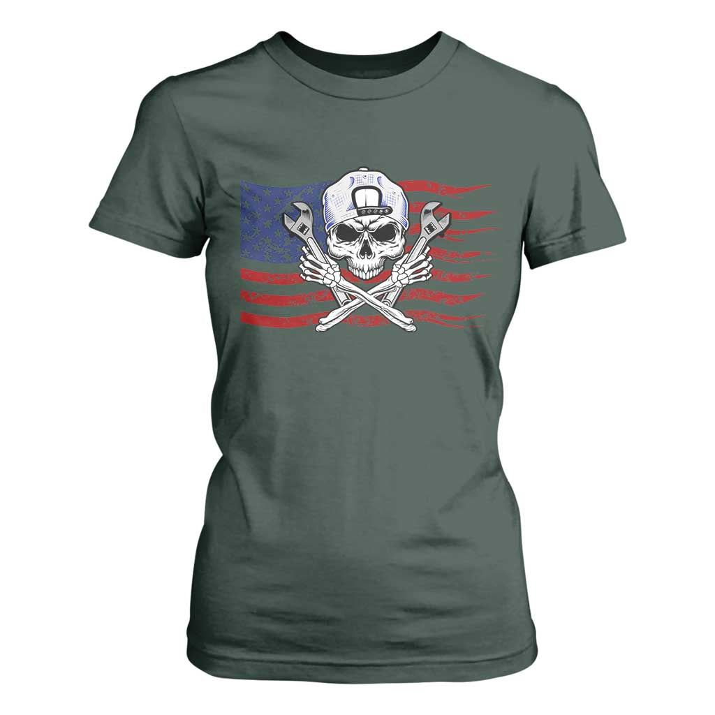Skeleton Mechanic T Shirt For Women American Flag Patriotic Car Repair TS14 Dark Forest Green Print Your Wear