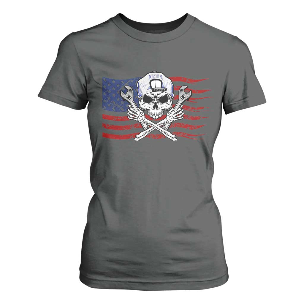 Skeleton Mechanic T Shirt For Women American Flag Patriotic Car Repair TS14 Dark Heather Print Your Wear