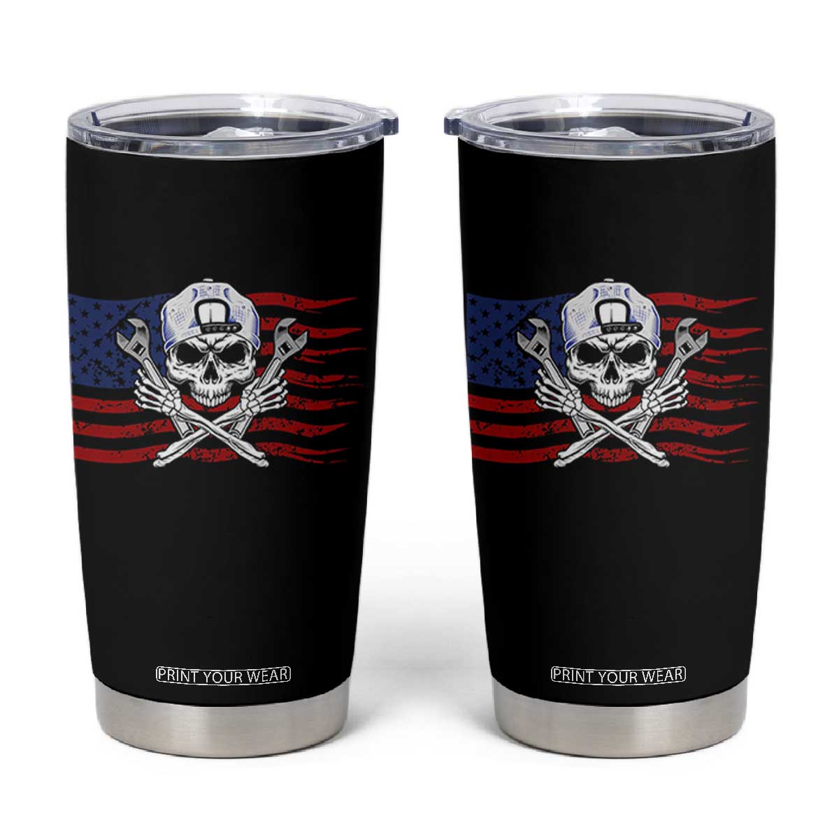 Skeleton Mechanic Tumbler Cup American Flag Patriotic Car Repair TS14 Black Print Your Wear