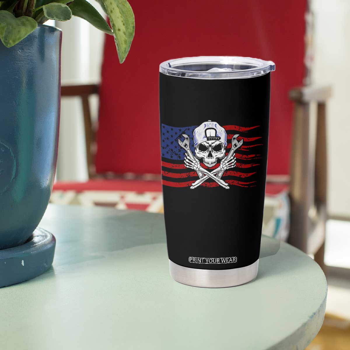 Skeleton Mechanic Tumbler Cup American Flag Patriotic Car Repair TS14 Print Your Wear