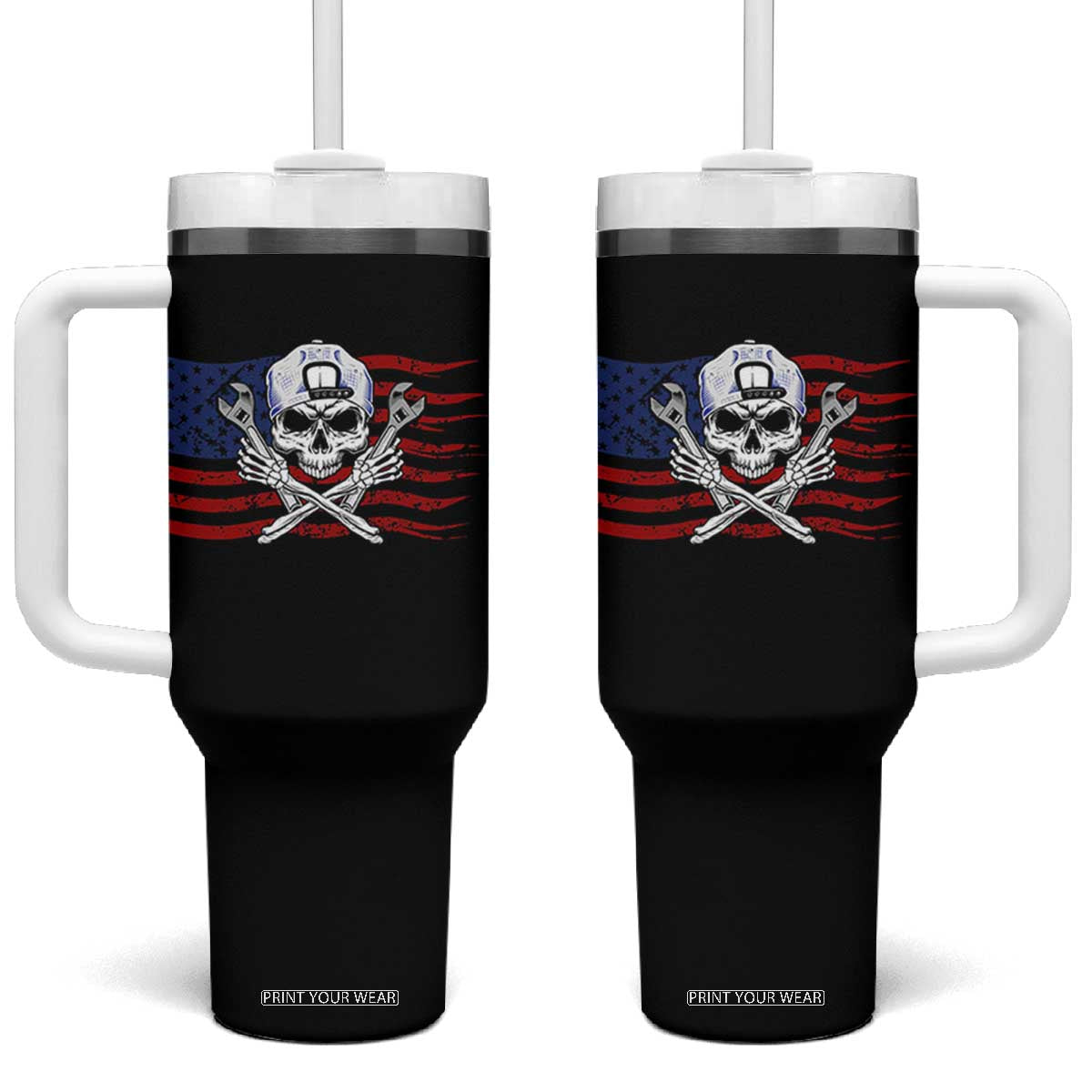 Skeleton Mechanic Tumbler With Handle American Flag Patriotic Car Repair TS14 One Size: 40 oz Black Print Your Wear