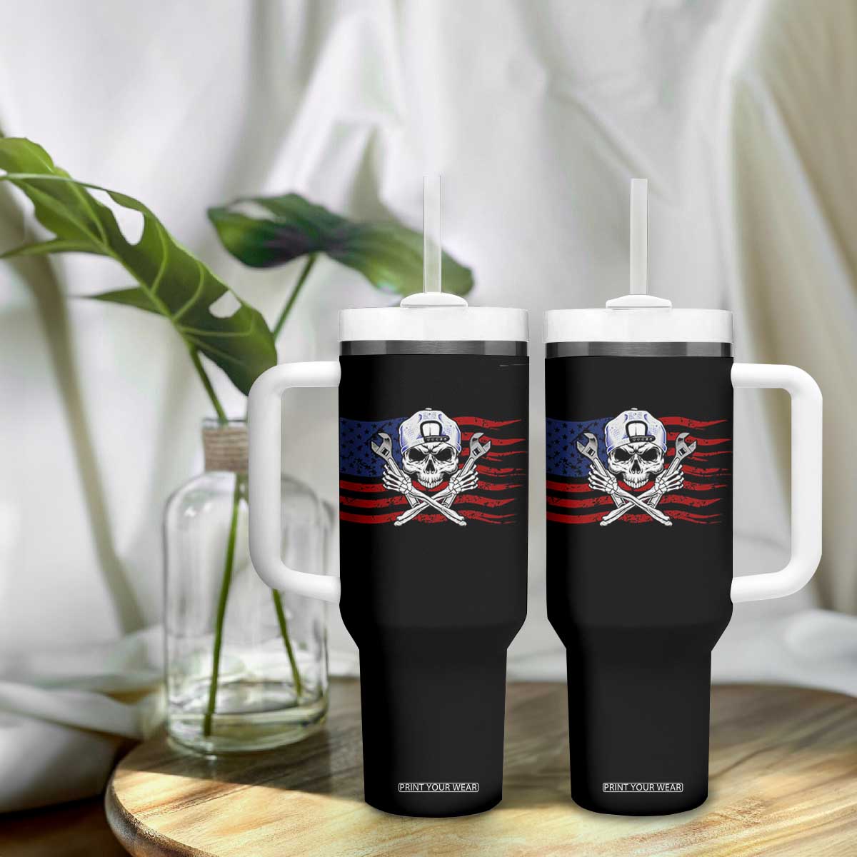Skeleton Mechanic Tumbler With Handle American Flag Patriotic Car Repair TS14 Print Your Wear
