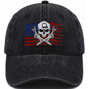 Skeleton Mechanic Washed Cotton Baseball Cap American Flag Patriotic Car Repair TS14 Washed Cap Universal Fit Black Print Your Wear