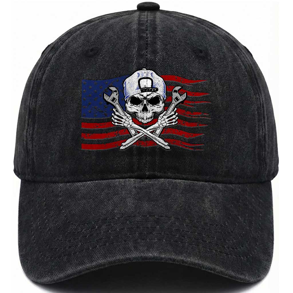 Skeleton Mechanic Washed Cotton Baseball Cap American Flag Patriotic Car Repair TS14 Washed Cap Universal Fit Black Print Your Wear