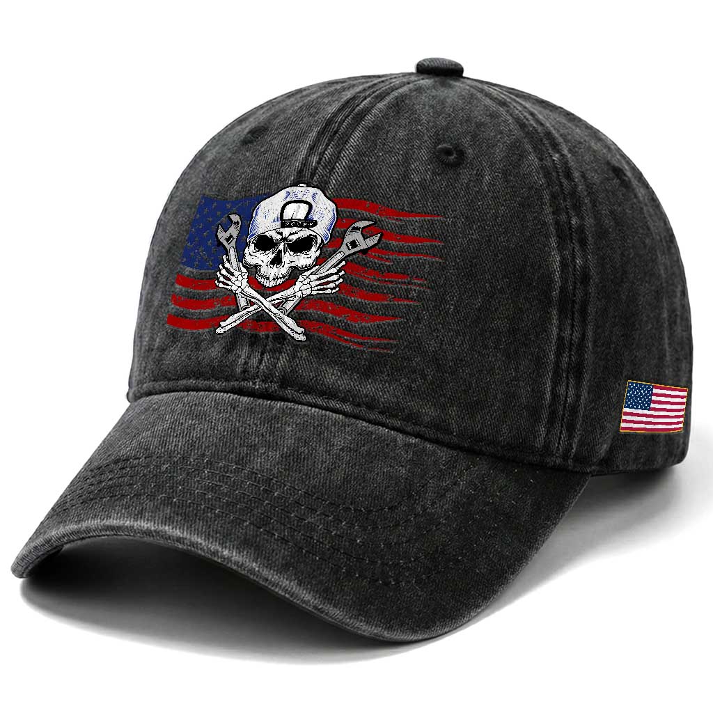 Skeleton Mechanic Washed Cotton Baseball Cap American Flag Patriotic Car Repair TS14 Print Your Wear