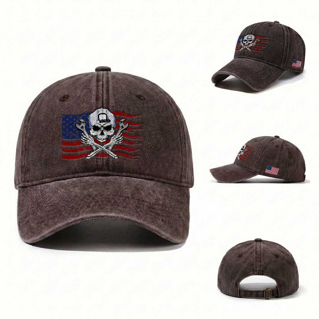 Skeleton Mechanic Washed Cotton Baseball Cap American Flag Patriotic Car Repair TS14 Washed Cap Universal Fit Dark Brown Print Your Wear