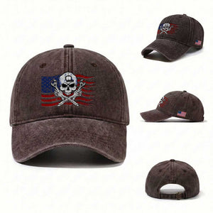 Skeleton Mechanic Washed Cotton Baseball Cap American Flag Patriotic Car Repair TS14 Washed Cap Universal Fit Dark Brown Print Your Wear