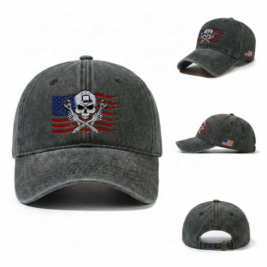 Skeleton Mechanic Washed Cotton Baseball Cap American Flag Patriotic Car Repair TS14 Washed Cap Universal Fit Dark Green Print Your Wear