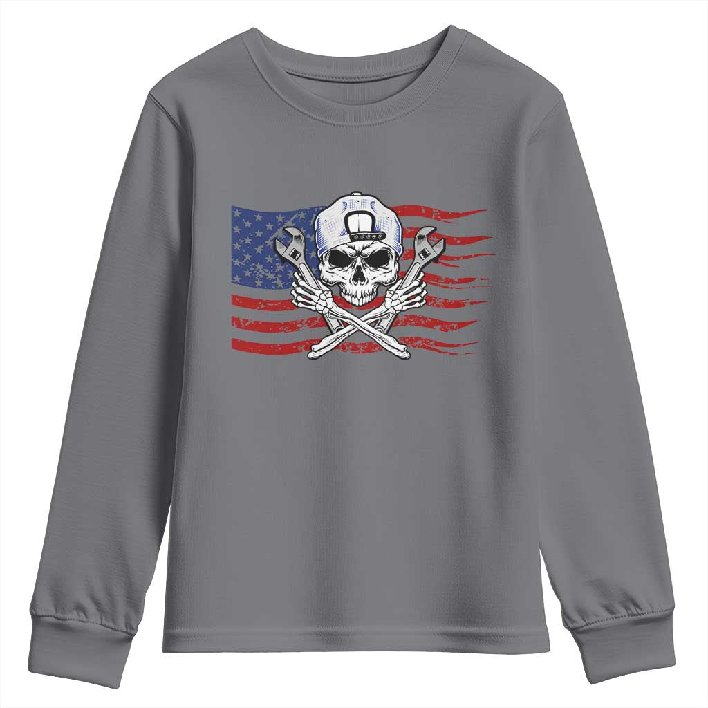 Skeleton Mechanic Youth Sweatshirt American Flag Patriotic Car Repair TS14 Charcoal Print Your Wear