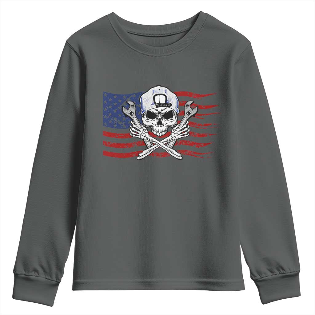 Skeleton Mechanic Youth Sweatshirt American Flag Patriotic Car Repair TS14 Dark Heather Print Your Wear