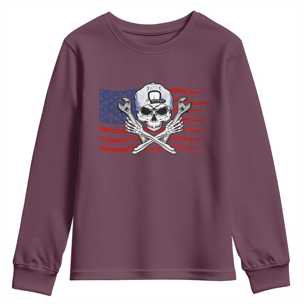 Skeleton Mechanic Youth Sweatshirt American Flag Patriotic Car Repair TS14 Maroon Print Your Wear