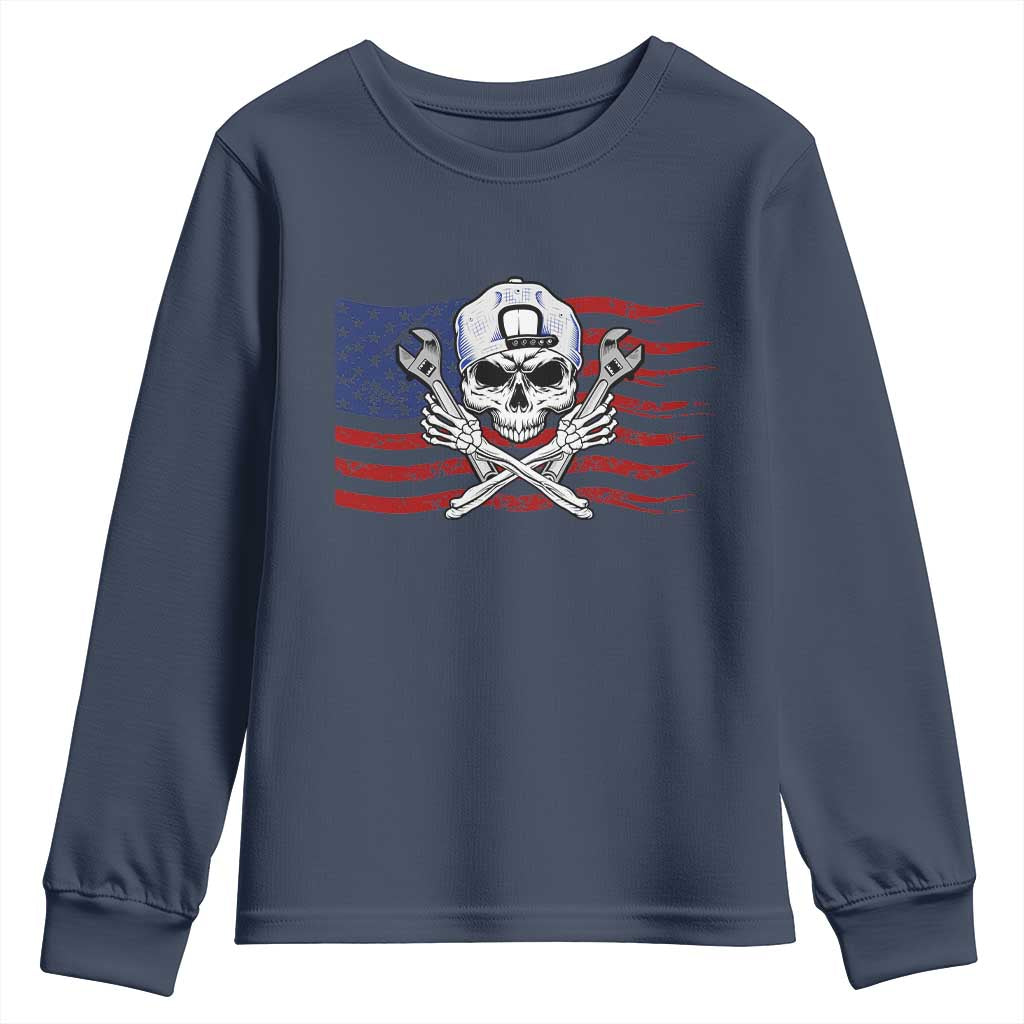 Skeleton Mechanic Youth Sweatshirt American Flag Patriotic Car Repair TS14 Navy Print Your Wear