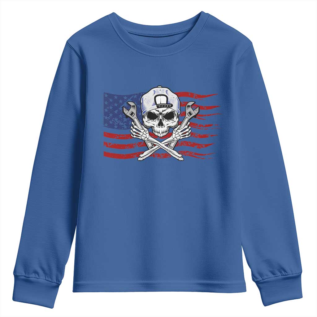 Skeleton Mechanic Youth Sweatshirt American Flag Patriotic Car Repair TS14 Royal Blue Print Your Wear