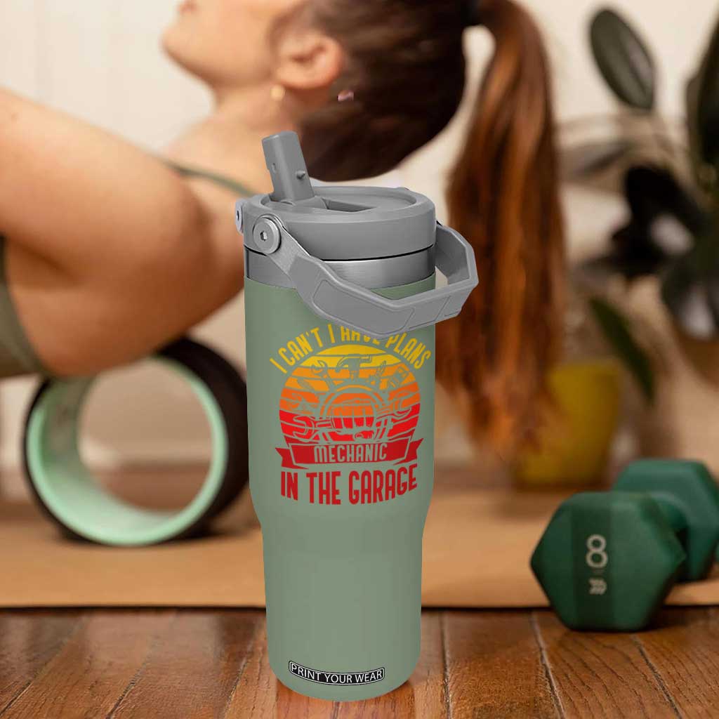 Funny Car Mechanic Flip Straw Tumbler I Cant I Have Plans In The Garage TS14 One Size: 30 oz Moss Green Print Your Wear