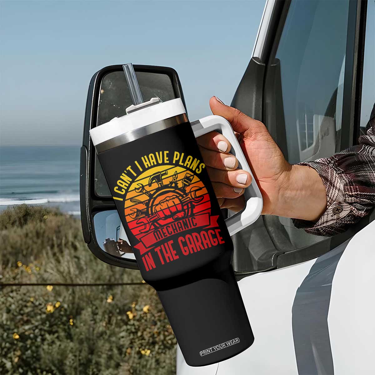 Funny Car Mechanic Tumbler With Handle I Cant I Have Plans In The Garage TS14 Print Your Wear