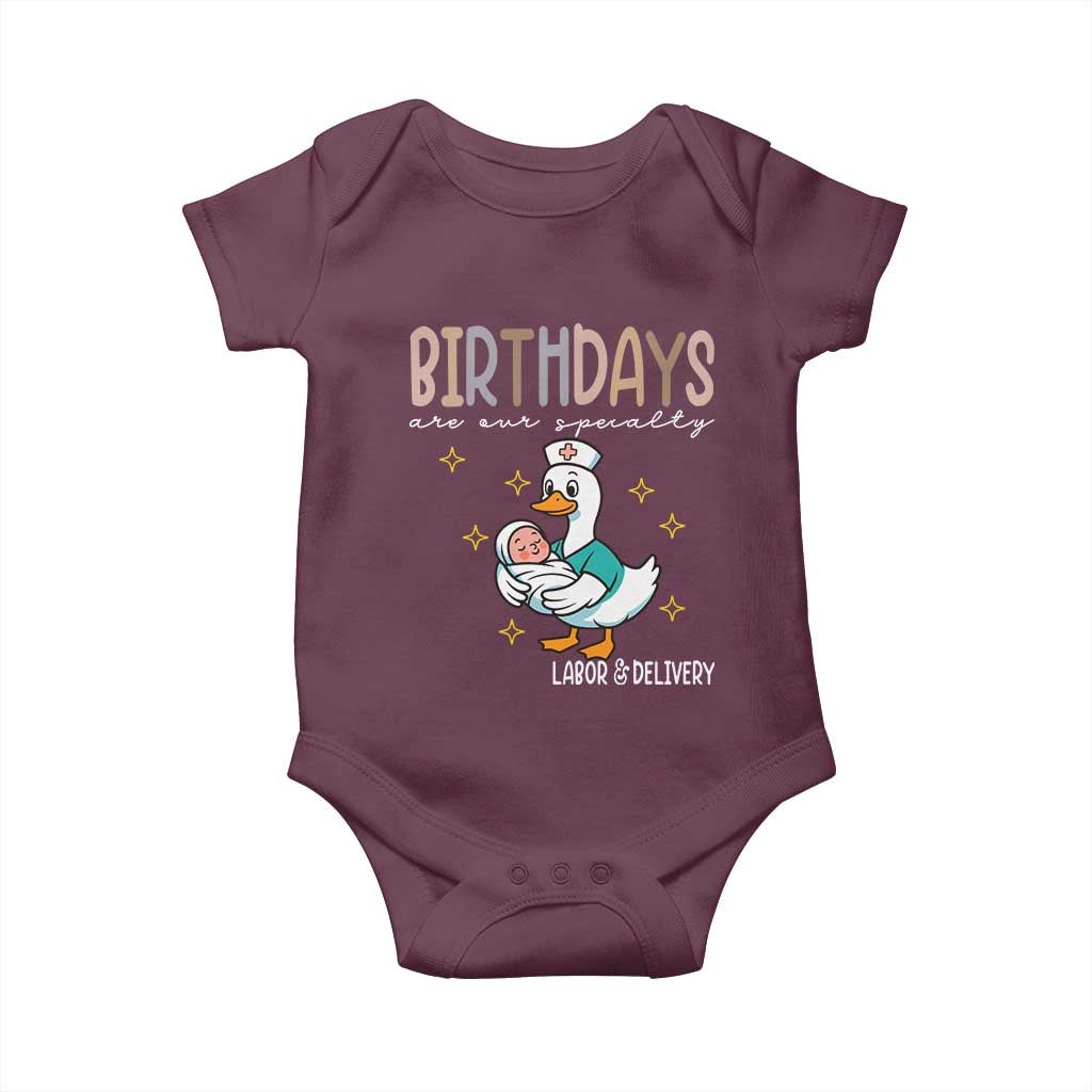 Labor And Delivery Nurse Baby Onesie Birthdays Are Our Specialty TS14 Maroon Print Your Wear