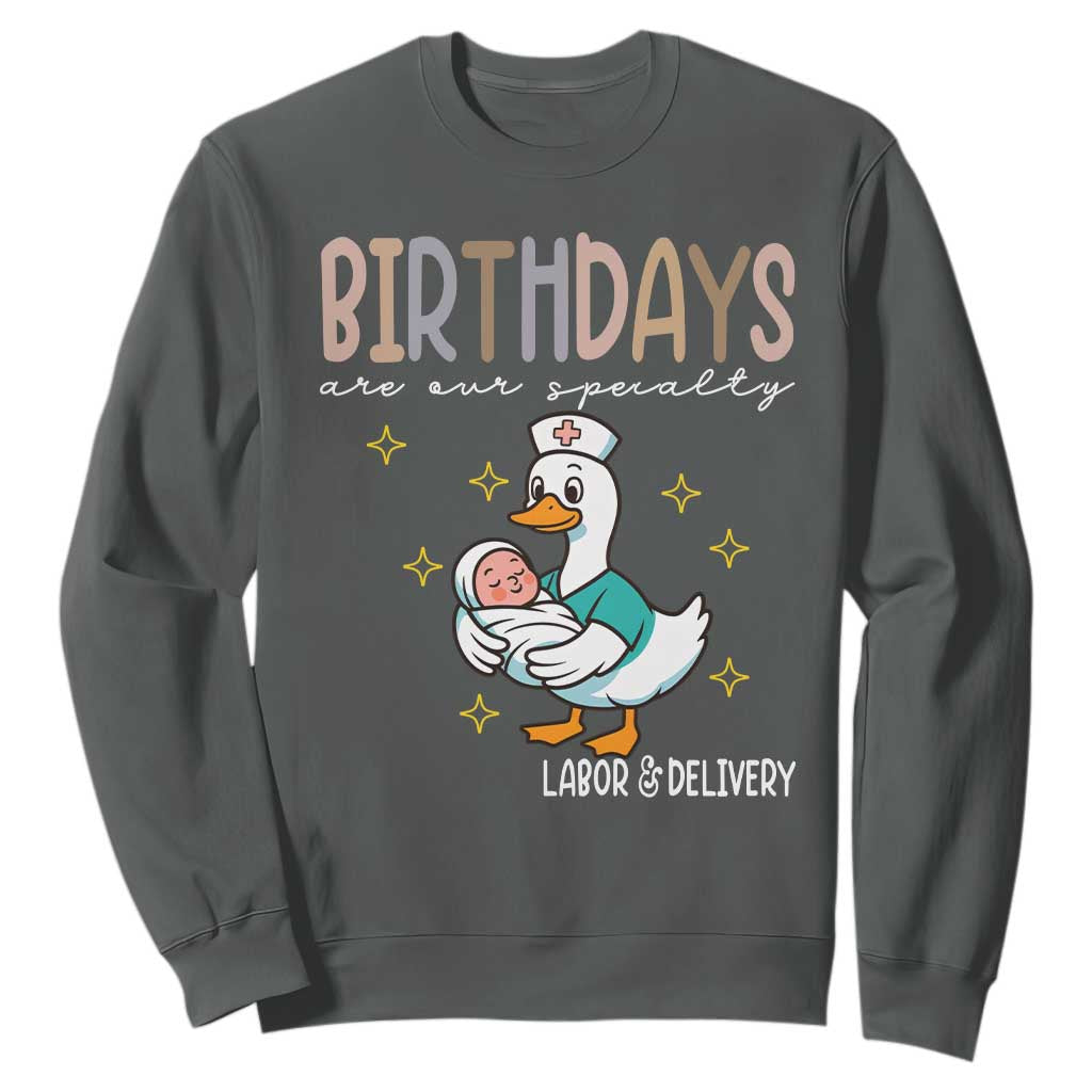 Labor And Delivery Nurse Sweatshirt Birthdays Are Our Specialty TS14 Dark Heather Print Your Wear