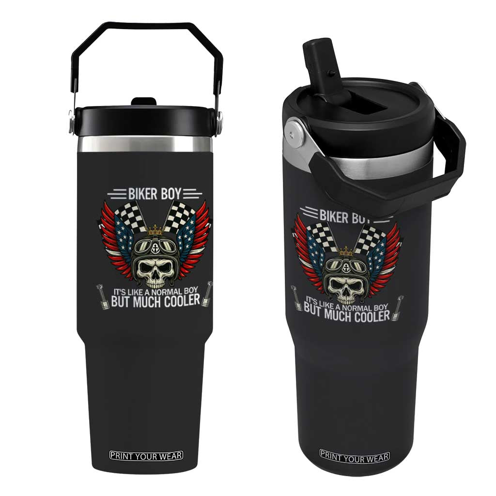 Skull Biker American Flag Motorcycle Biker Son Flip Straw Tumbler TS14 One Size: 30 oz Black Print Your Wear