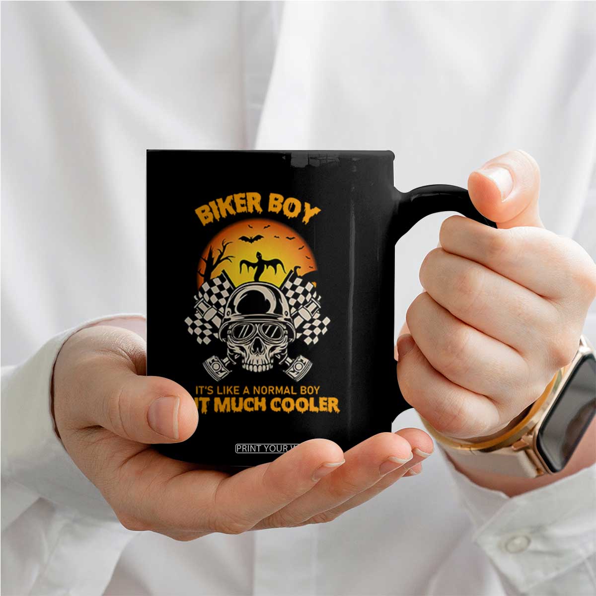 Funny Skull Motocycle Halloween Biker Son Coffee Mug Biker Boy It's Like A Normal Boy But Much Cooler TS14 Print Your Wear
