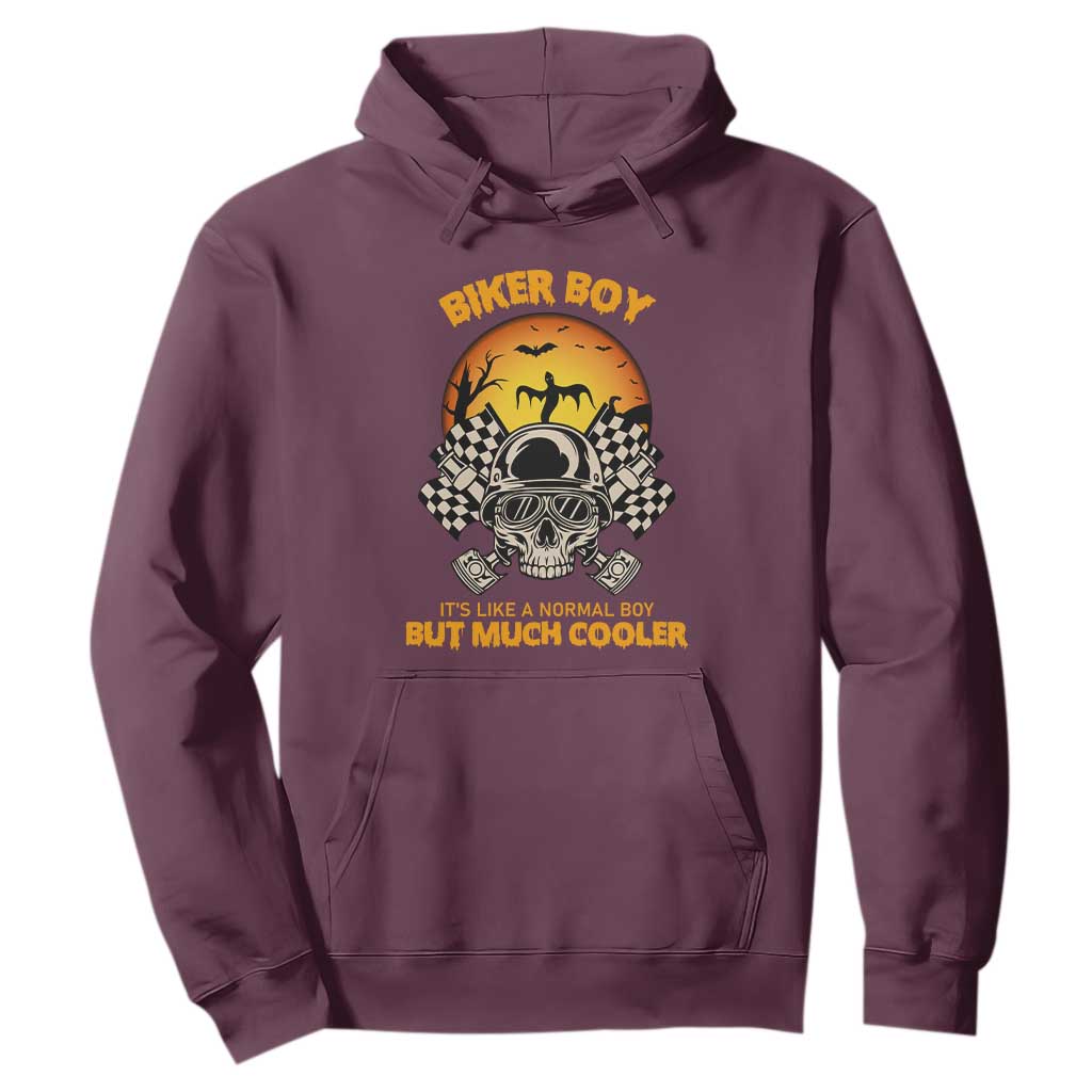 Funny Skull Motocycle Halloween Biker Son Hoodie Biker Boy It's Like A Normal Boy But Much Cooler TS14 Maroon Print Your Wear